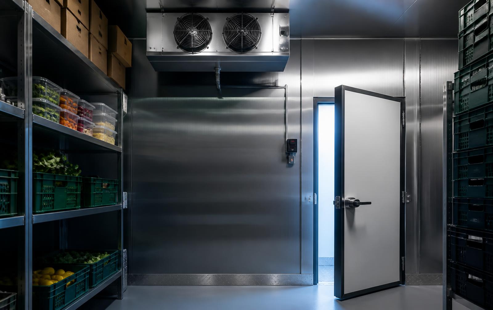 Interior of a clean modern commercial walk-in cooler with insulated panels, unit cooler and insulated door.
