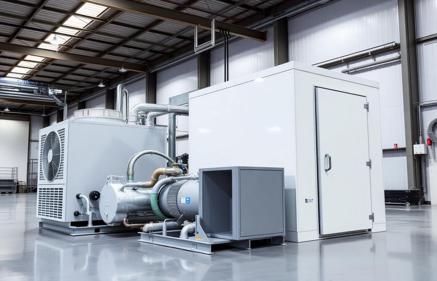 Representative refrigeration system components staged in an industrial facility: condensing equipment, unit cooler and insulated enclosure.