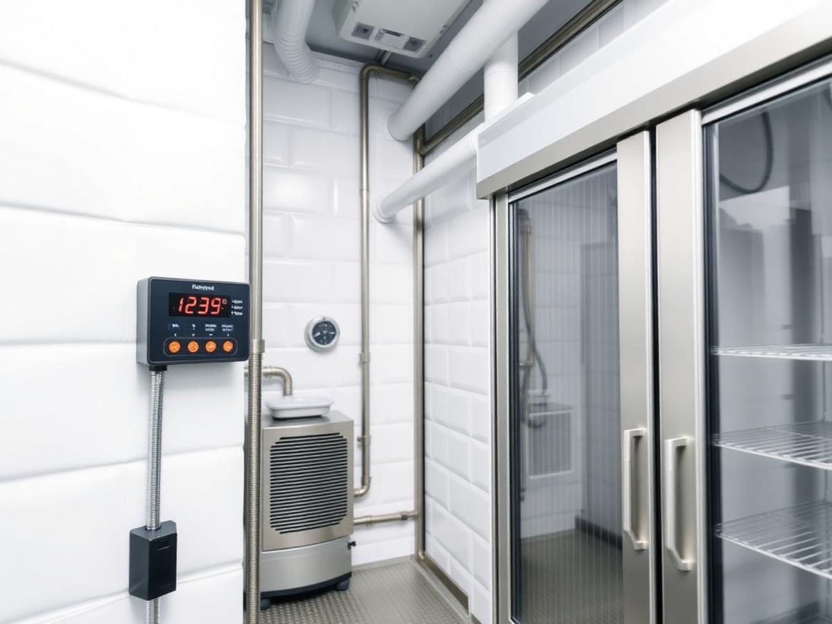 Temperature-controlled commercial storage space with digital controller and refrigeration piping.