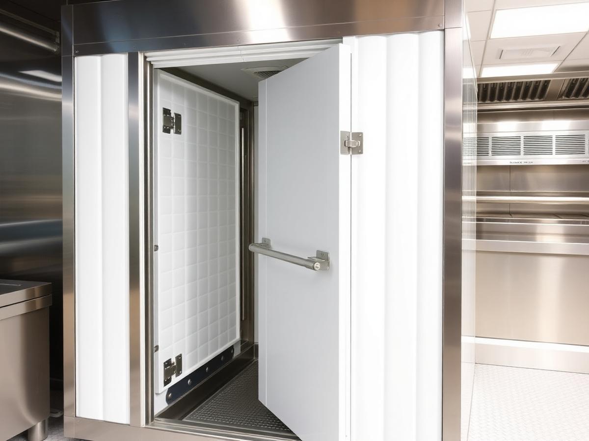 Commercial walk-in cooler exterior with insulated panel construction and latch door in a professional kitchen.
