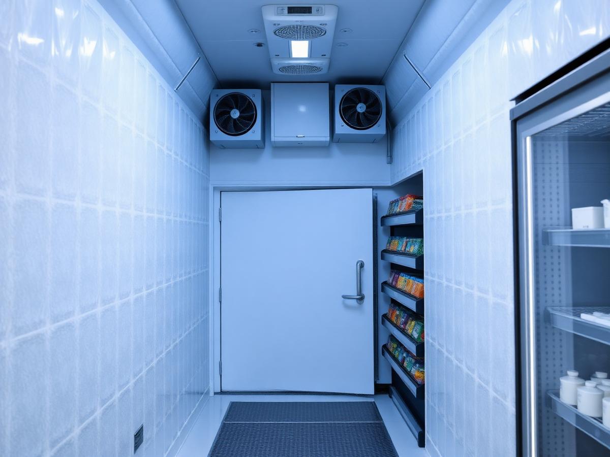 Interior of a commercial walk-in freezer with low-temperature unit cooler and frosted insulated panels.