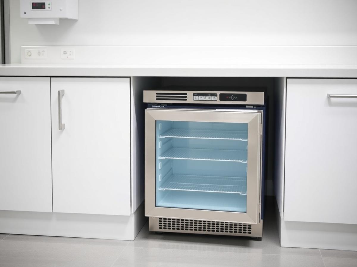 Compact undercounter refrigerator installed beneath a clinical counter.