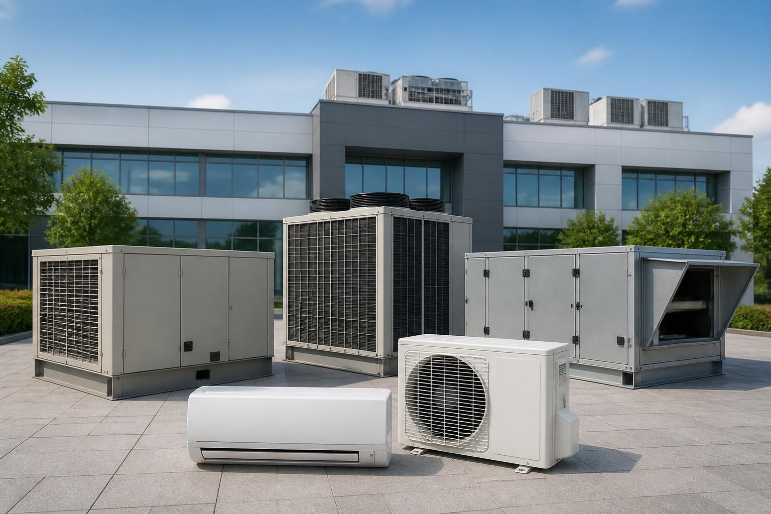 Representative commercial mechanical-equipment room with air handling, pumping, piping and refrigeration assemblies.