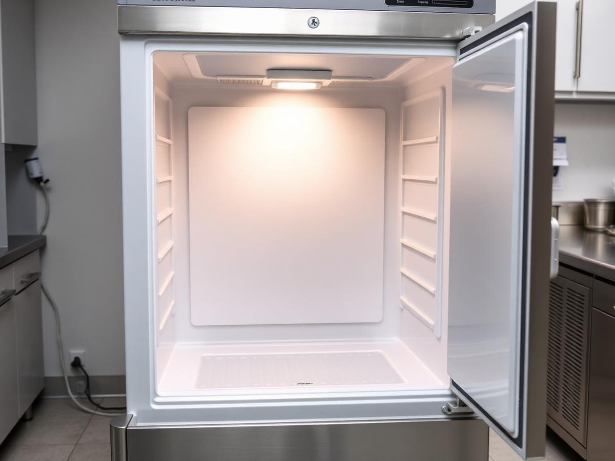Upright freezer cabinet with the door open in a clinical environment.