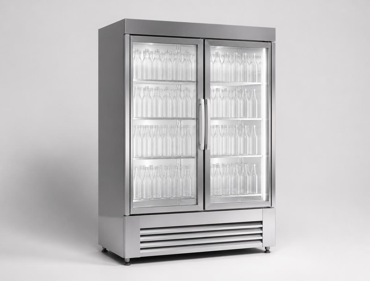 Commercial glass-door refrigerated merchandiser with illuminated shelving.
