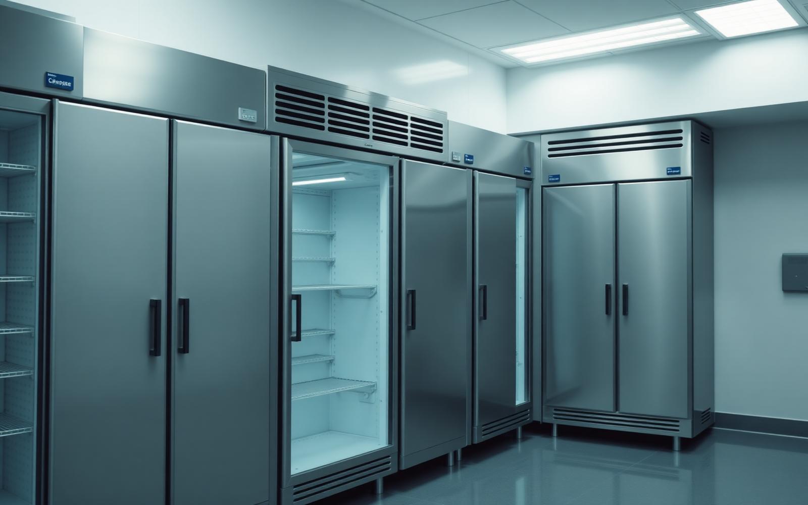 Row of unbranded stainless steel upright refrigeration cabinets in a healthcare facility storage room.