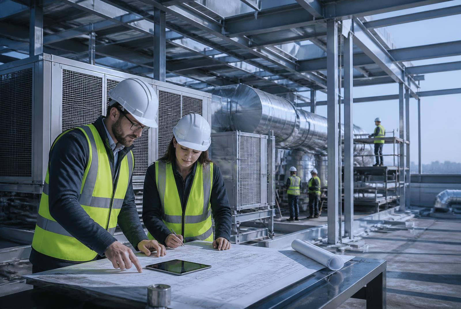 Commercial mechanical project coordination with rooftop HVAC equipment and technical drawings