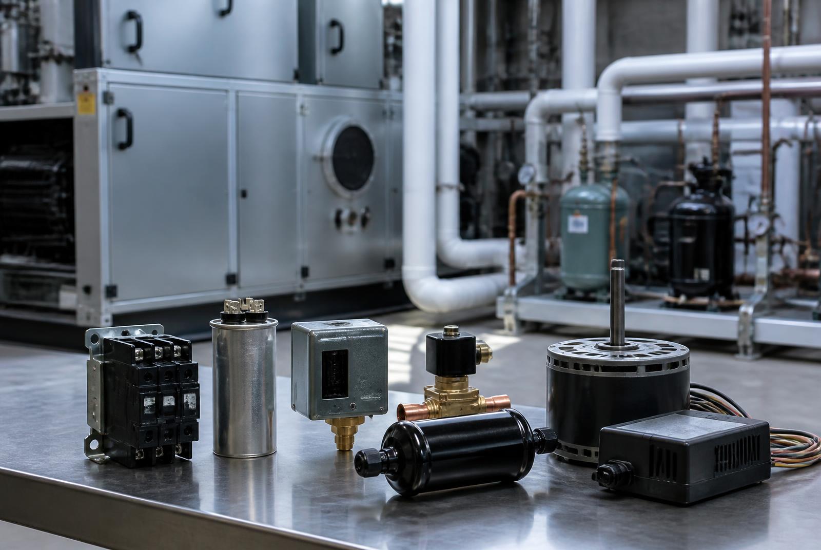 Representative HVAC/R service components presented in a commercial mechanical-equipment environment.