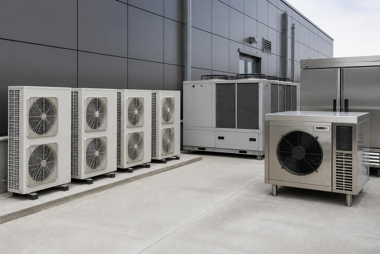 Representative conventional HVAC equipment — split-system condensing units and packaged air-conditioning equipment with commercial refrigeration equipment at a commercial facility.