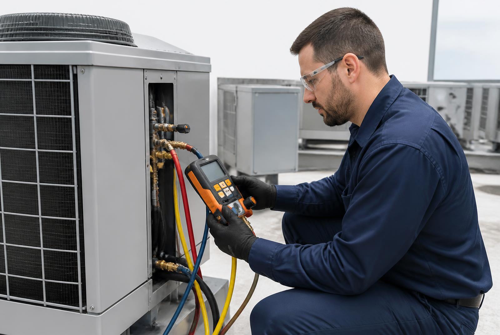 HVAC technician using a digital manifold gauge set on a modern commercial condensing unit