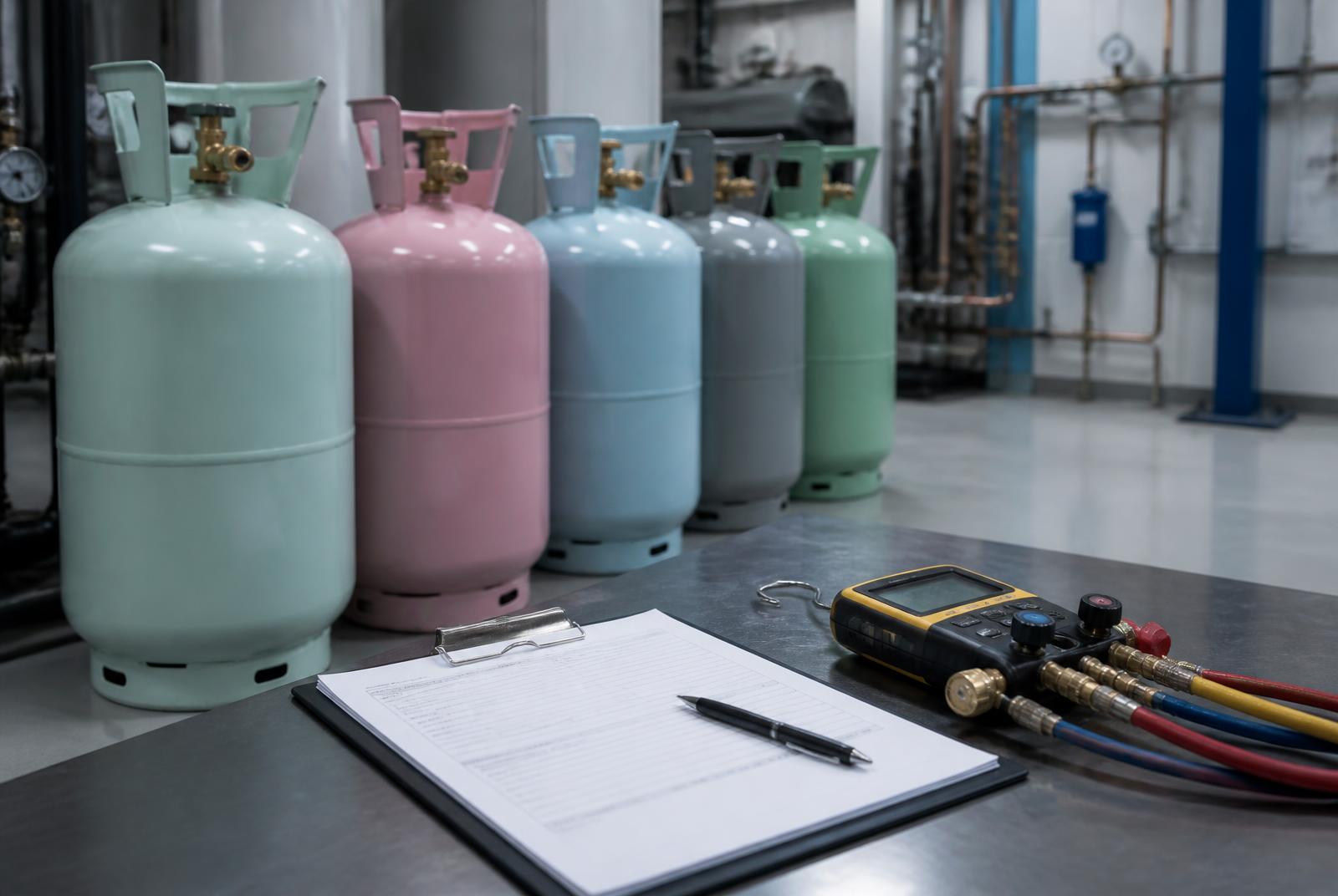 Unbranded refrigerant cylinders staged in a clean mechanical service area next to documentation forms and a digital manifold gauge