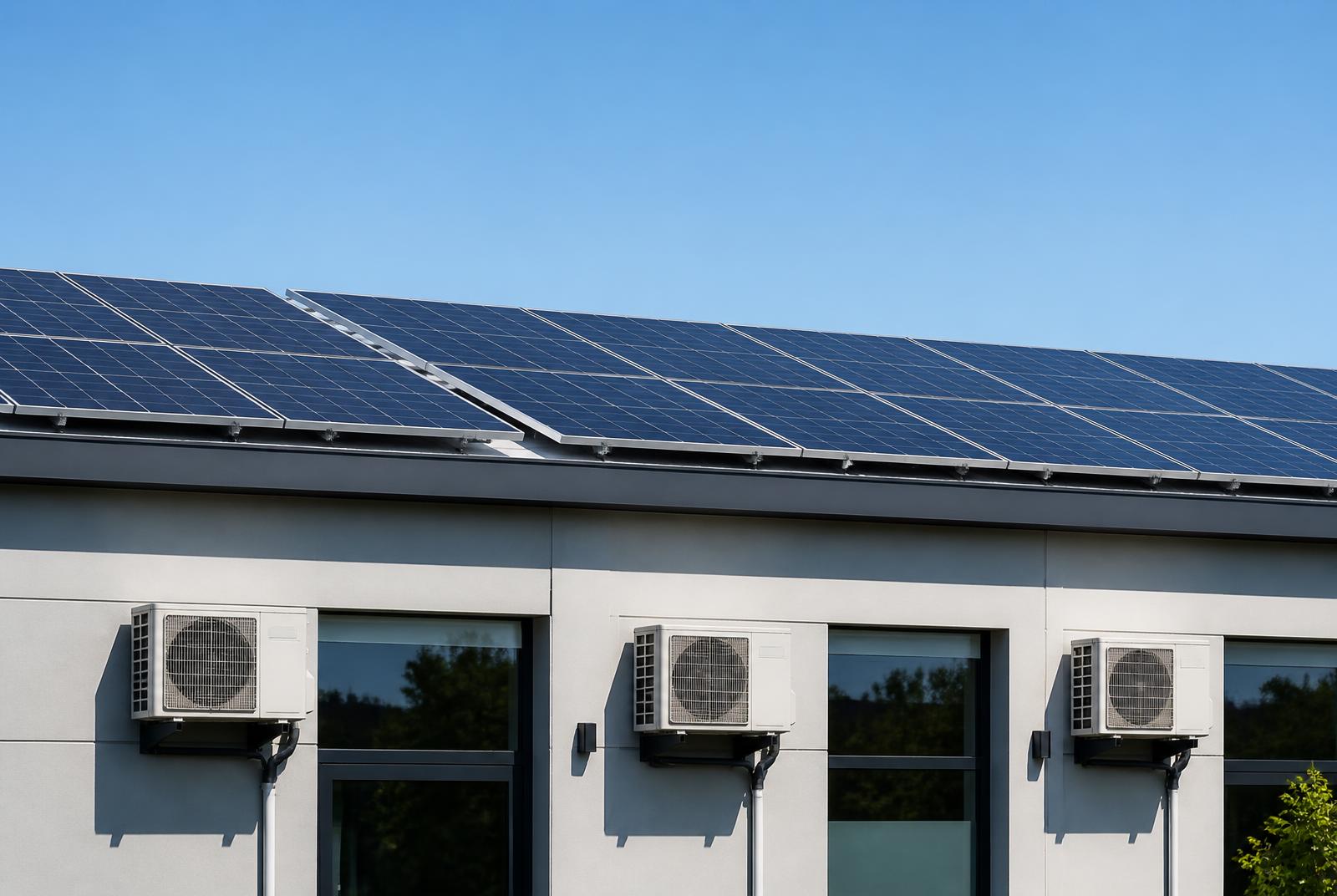Rooftop photovoltaic array above a light-commercial building with wall-mounted air conditioning condensing units