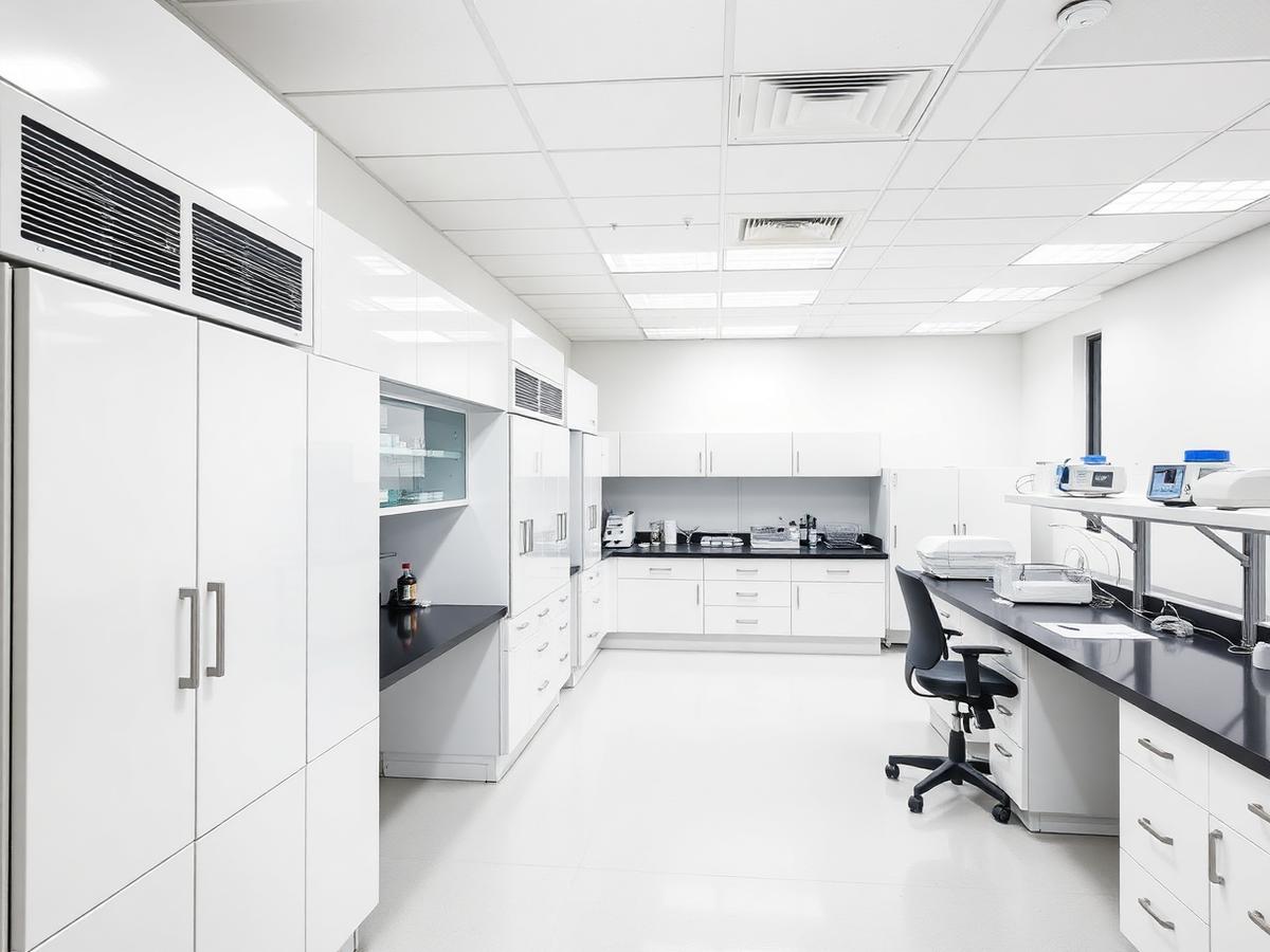 Laboratory with refrigeration cabinets along the wall and technical benches.