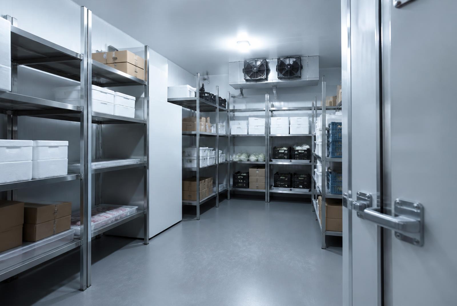 Representative temperature-controlled storage environment with insulated cold room panels and refrigeration equipment.