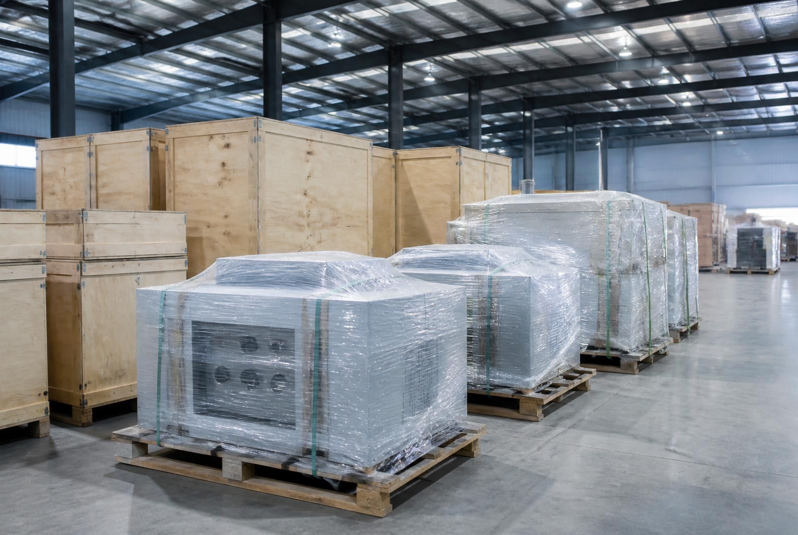 Representative project procurement environment: crated and palletized industrial equipment staged for international shipment.