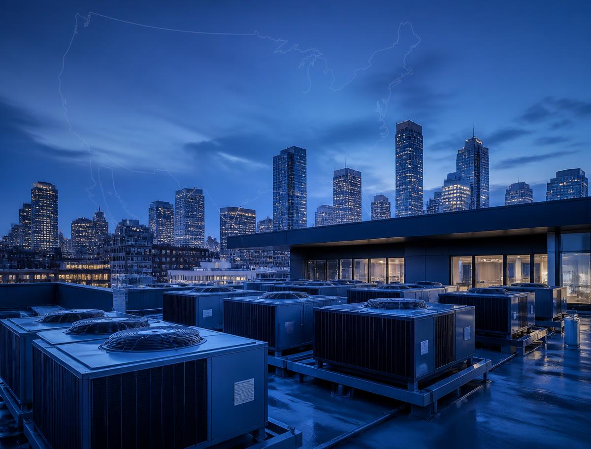 Commercial rooftop HVAC equipment above a corporate city skyline