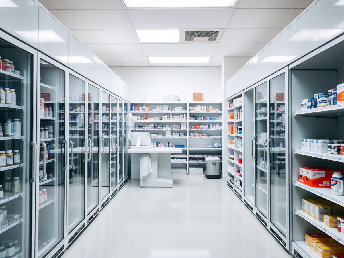 Pharmacy back-room with refrigerated storage cabinets and organized shelving.