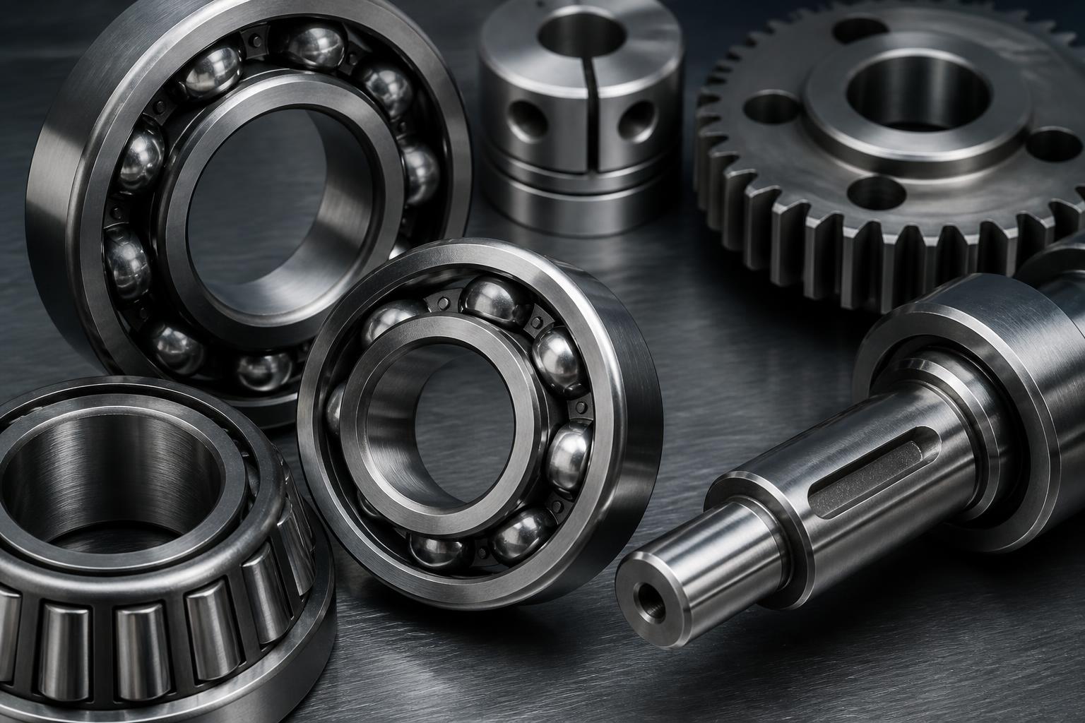 Bearings, gear, coupling and machined shaft on a metal surface.