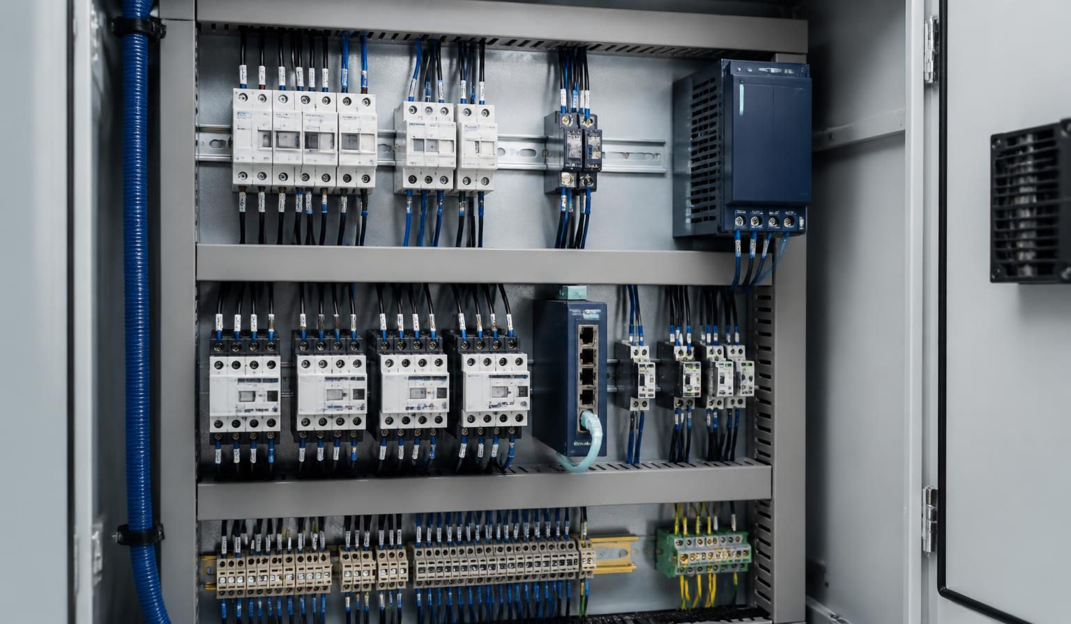 Electrical components and contactors installed in an industrial control cabinet.