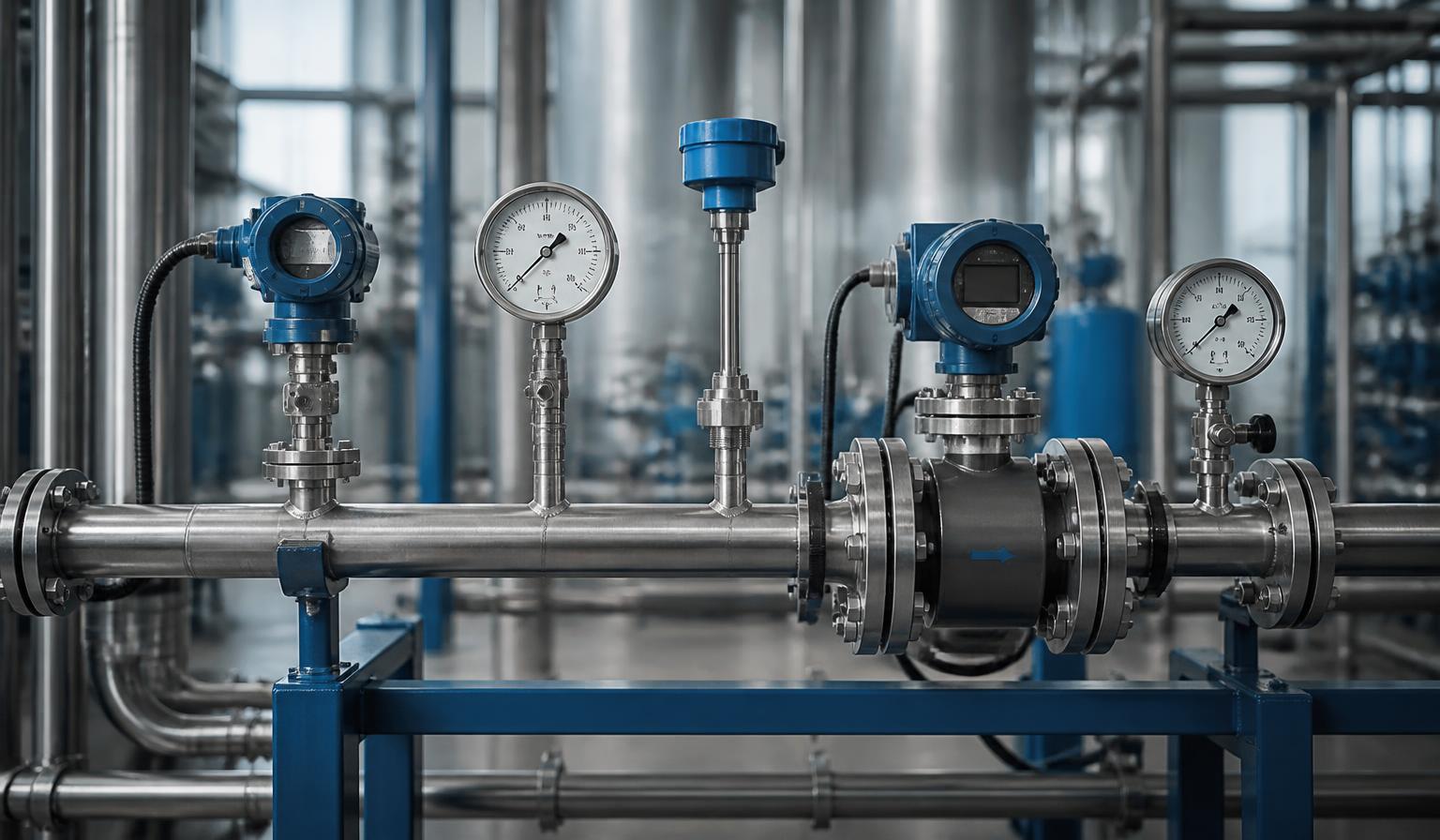 Pressure and temperature sensors and instruments on process piping.
