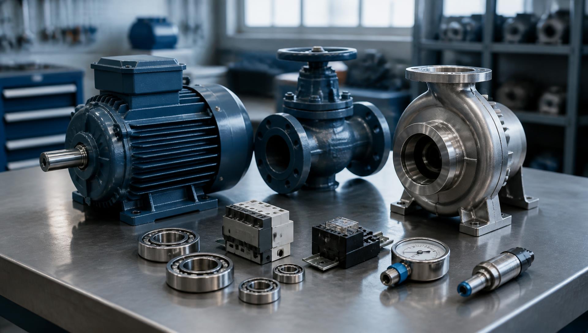 Motor, valve, pump casing, bearings, contactors and instrumentation laid out on an industrial maintenance bench.