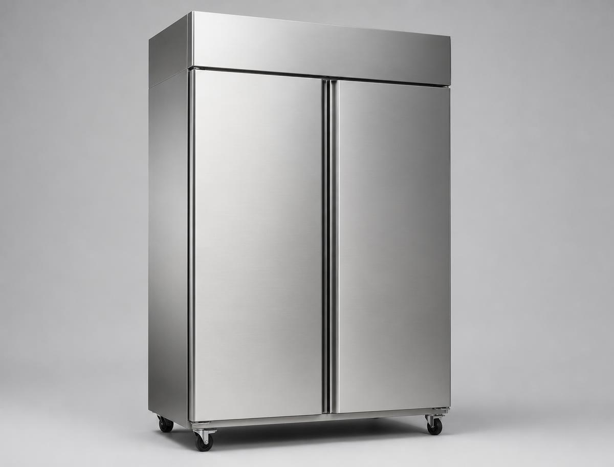 Stainless steel commercial upright two-door reach-in refrigerator.