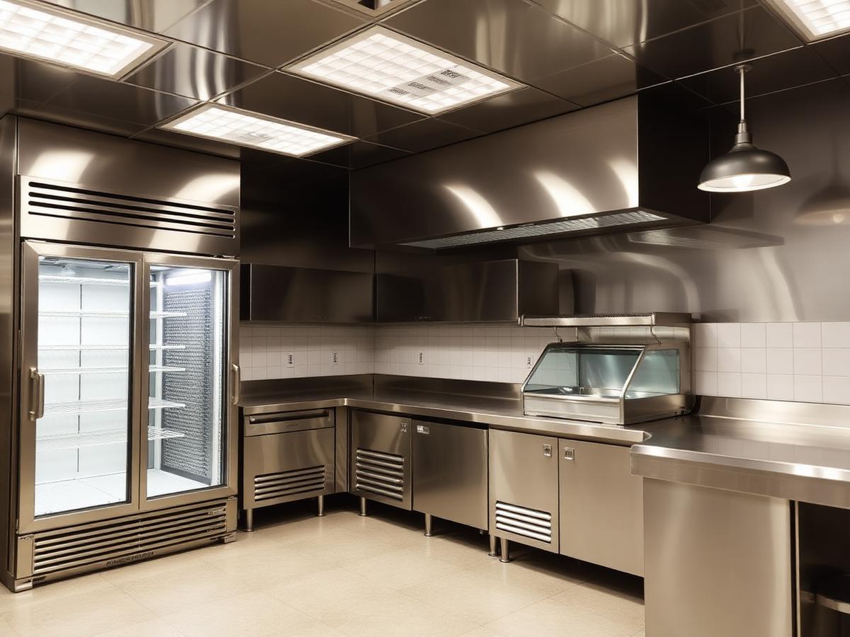 Professional stainless steel commercial restaurant kitchen line.