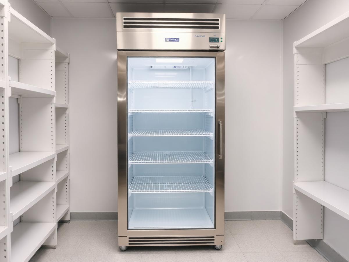 Single-door upright refrigerator in a clean clinical storage room.
