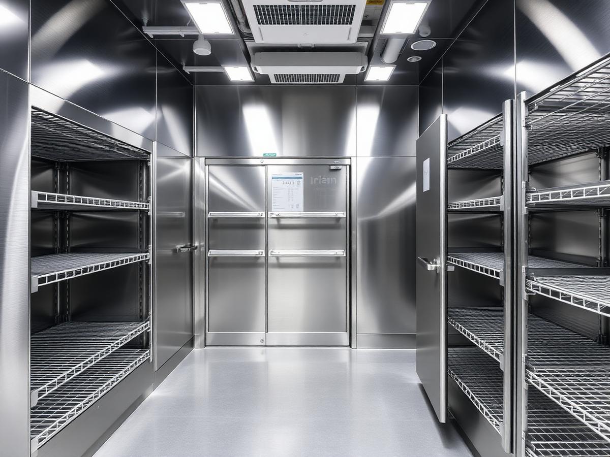 Stainless steel temperature-controlled storage room with shelving.