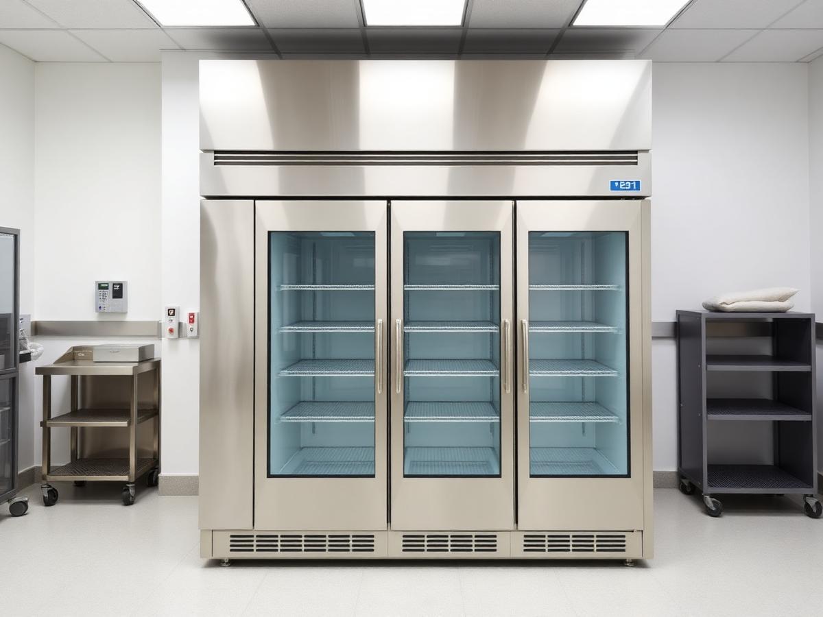 Three-door large-capacity upright refrigeration cabinet in an institutional storage room.