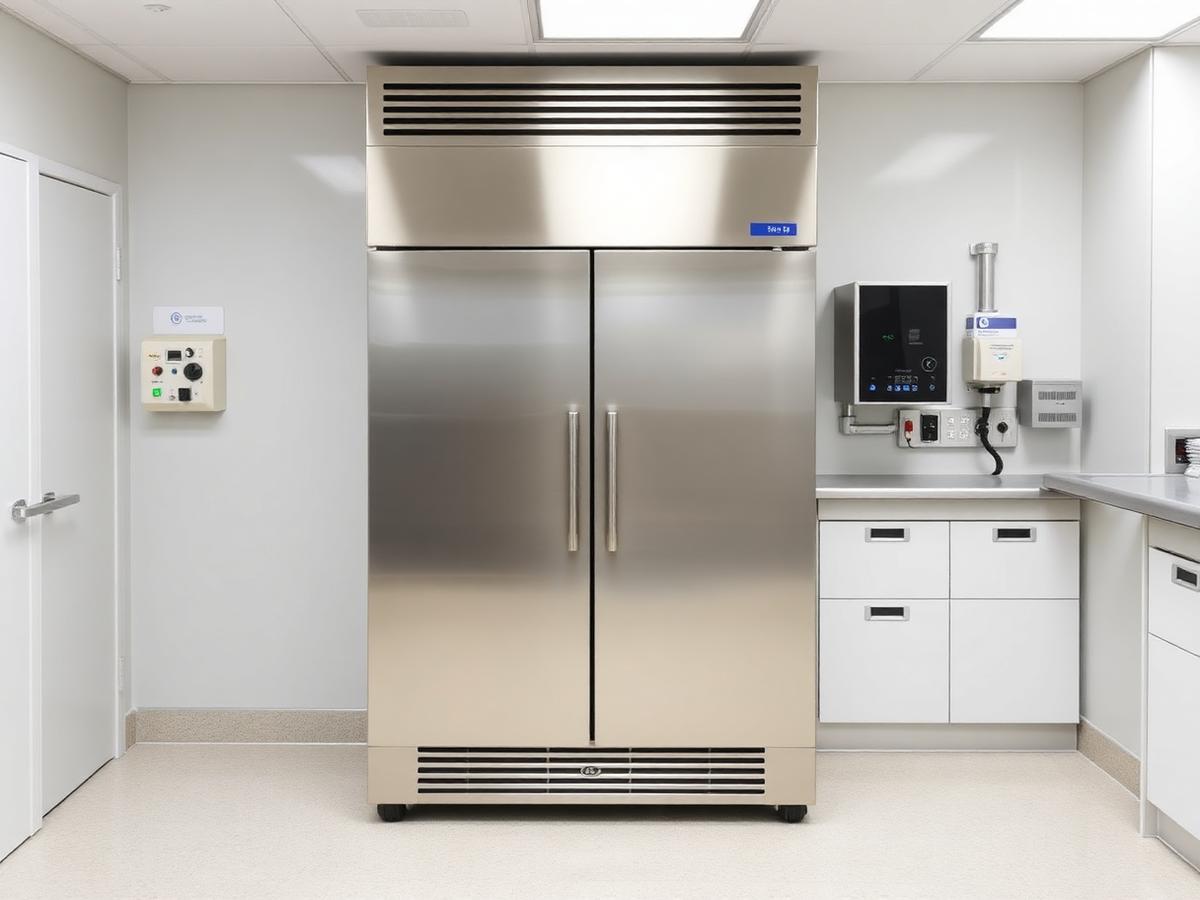 Two-door upright stainless steel refrigerator in a healthcare storage area.